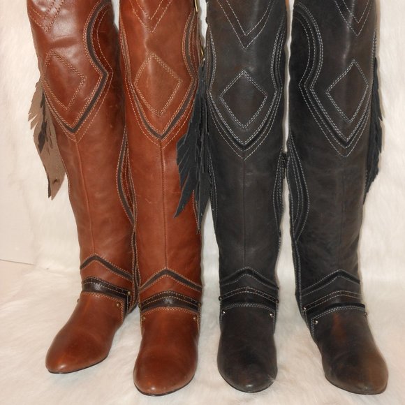 ZIGINY TAN AND BLACK LEATHER KNEE HIGH BOOT LOT SIZE 6.5 MEDIUM - Picture 2 of 16
